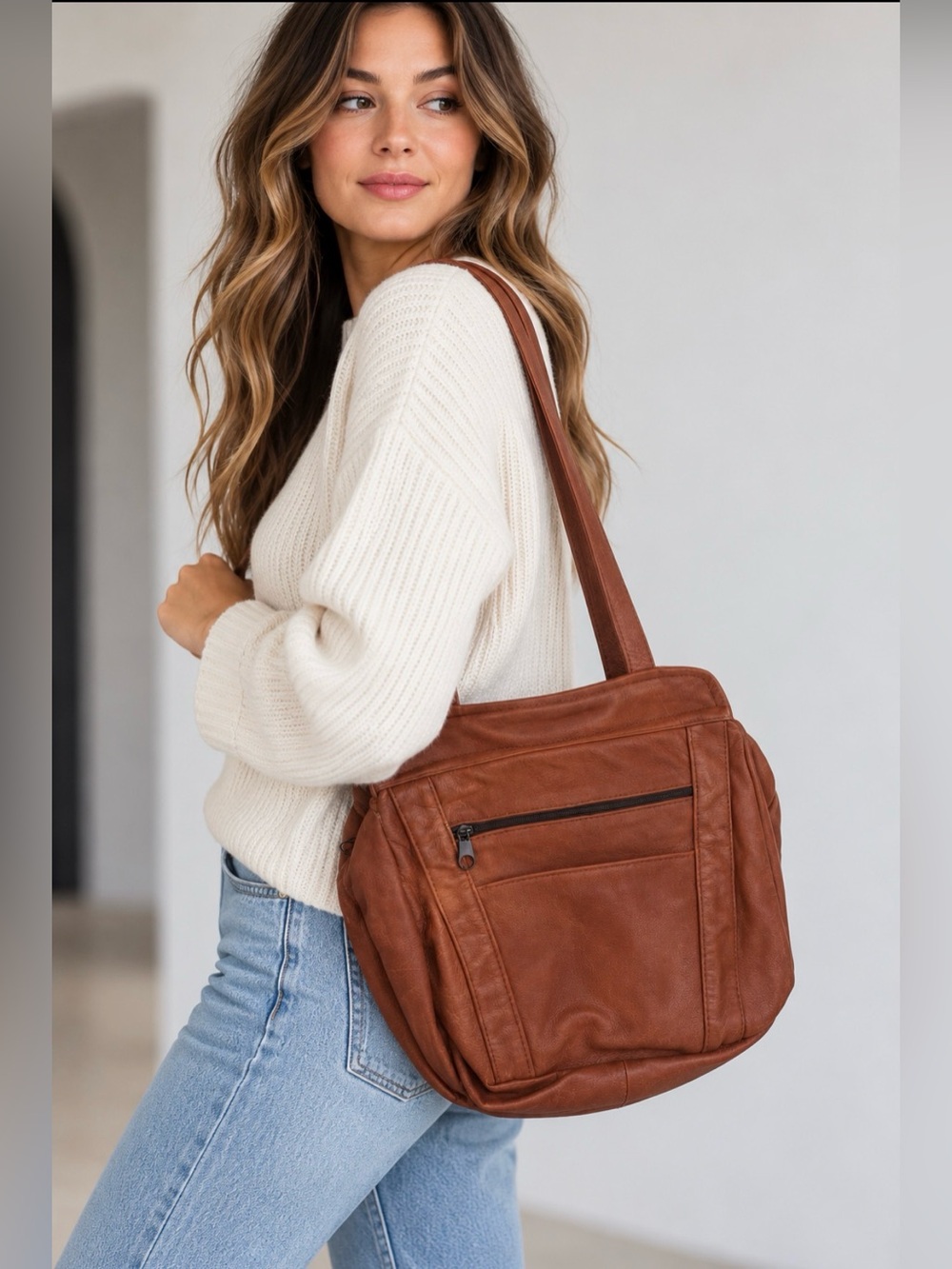 Brown Leather Shoulder Bag Large Slouchy Tote Crossbody Style